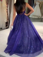 Vestido de fiesta largo de tul con escote en V y línea A, espalda descubierta, estilo formal.