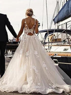 Long A-Line V Neck Tulle Spaghetti Strap Backless Wedding Dresses
