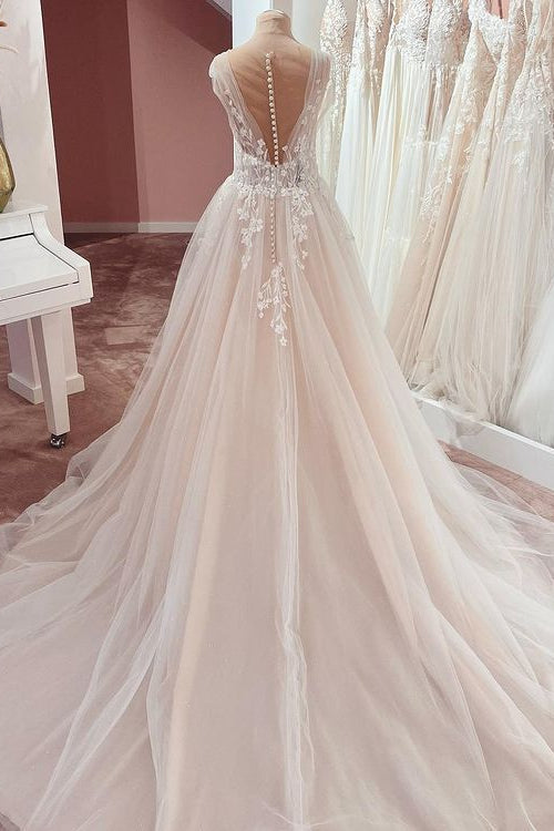 Vestido de novia largo de corte A, escote en V, tirantes anchos, apliques de encaje y tul