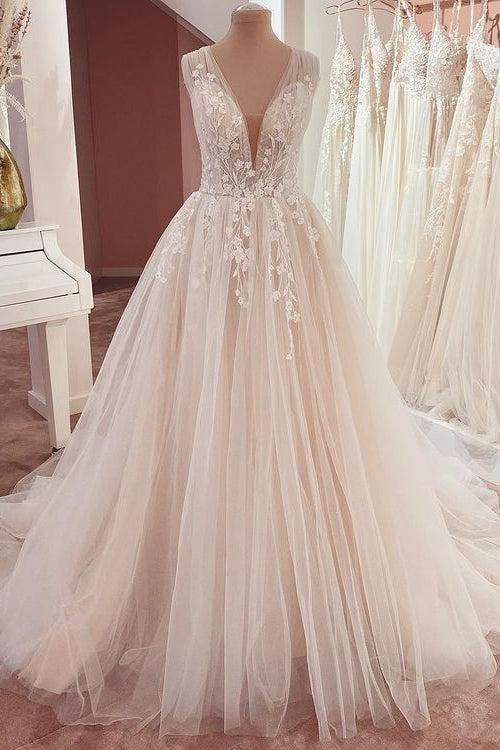 Vestido de novia largo de corte A, escote en V, tirantes anchos, apliques de encaje y tul