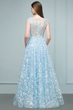 Robes de bal longues en tulle appliqué, coupe trapèze, manches courtes