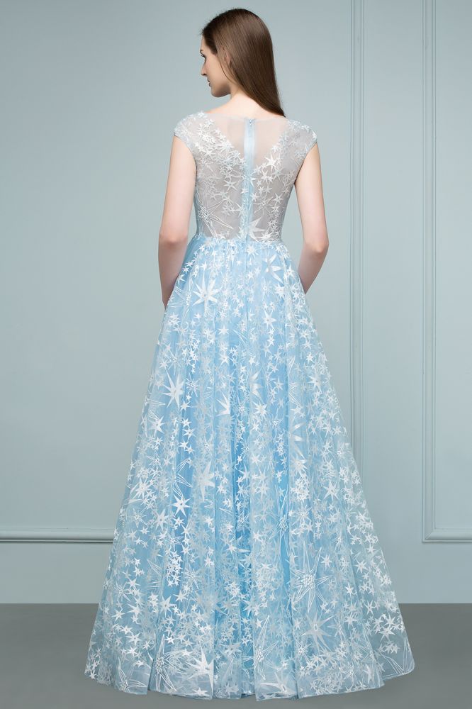 Robes de bal longues en tulle appliqué, coupe trapèze, manches courtes