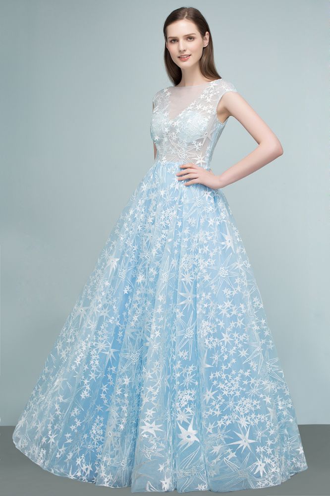 Robes de bal longues en tulle appliqué, coupe trapèze, manches courtes