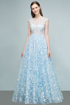 Robes de bal longues en tulle appliqué, coupe trapèze, manches courtes