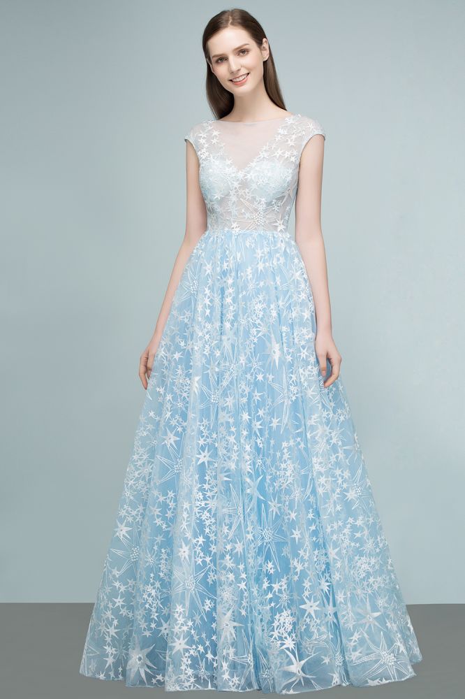 Robes de bal longues en tulle appliqué, coupe trapèze, manches courtes