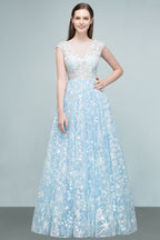 Robes de bal longues en tulle appliqué, coupe trapèze, manches courtes