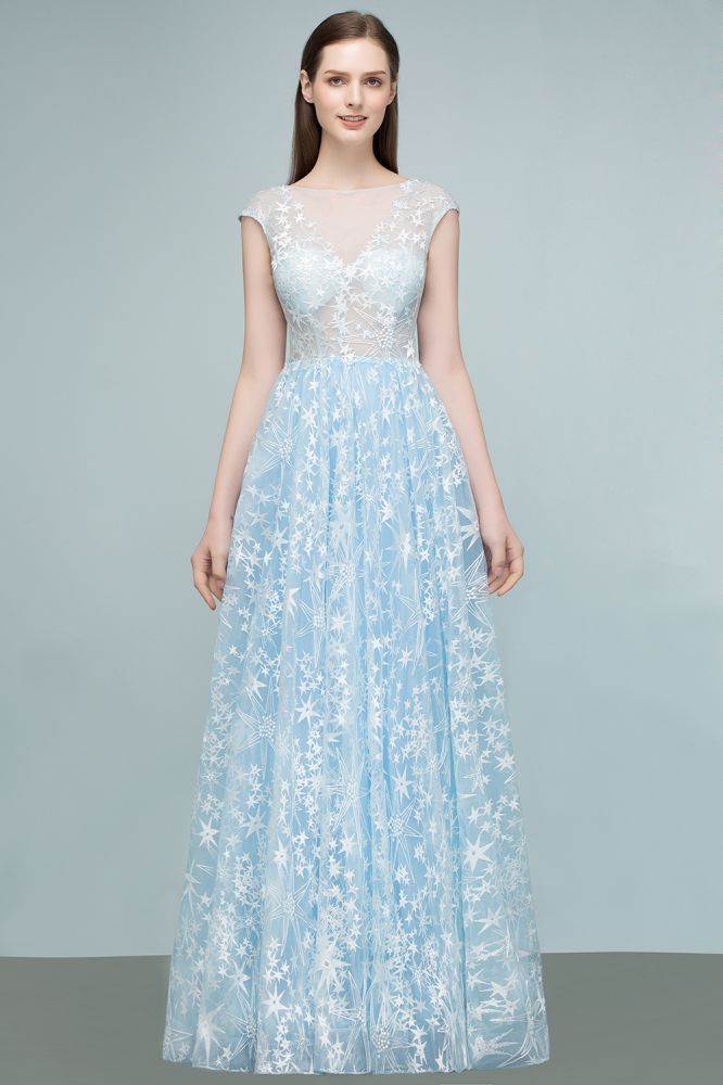 Robes de bal longues en tulle appliqué, coupe trapèze, manches courtes
