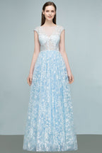 Robes de bal longues en tulle appliqué, coupe trapèze, manches courtes