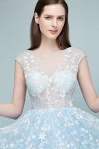 Robes de bal longues en tulle appliqué, coupe trapèze, manches courtes