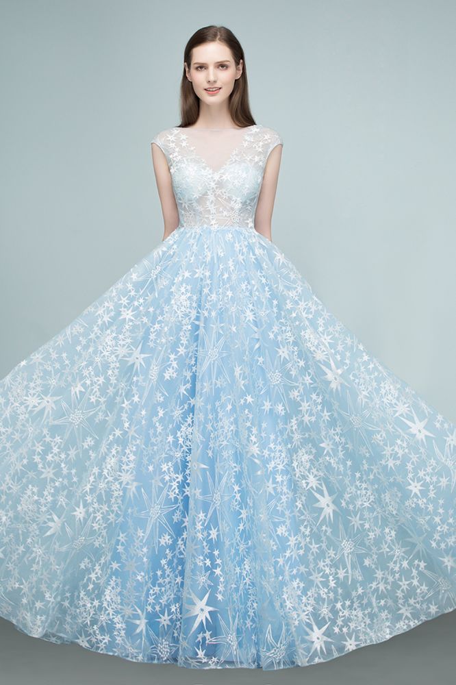 Robes de bal longues en tulle appliqué, coupe trapèze, manches courtes