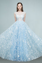 Robes de bal longues en tulle appliqué, coupe trapèze, manches courtes