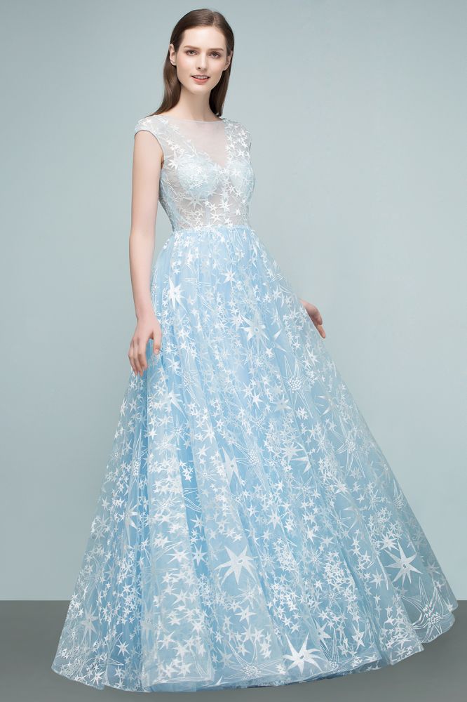 Robes de bal longues en tulle appliqué, coupe trapèze, manches courtes