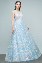 Robes de bal longues en tulle appliqué, coupe trapèze, manches courtes