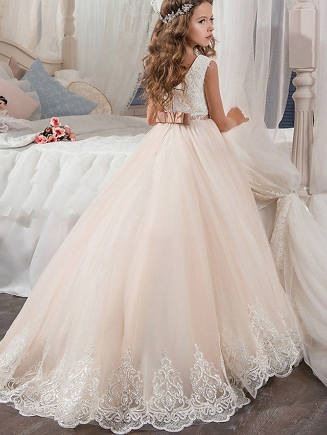 Vestido largo de gala de gasa y tul con cuello joya para bodas, cumpleaños, concursos de belleza y damitas de honor.