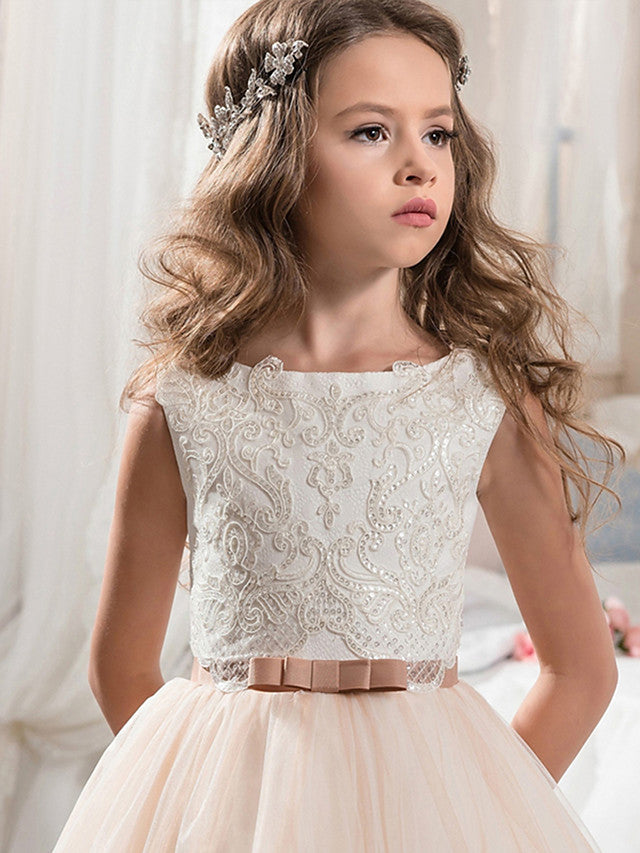 Vestido largo de gala de gasa y tul con cuello joya para bodas, cumpleaños, concursos de belleza y damitas de honor.