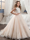 Vestido largo de gala de gasa y tul con cuello joya para bodas, cumpleaños, concursos de belleza y damitas de honor.