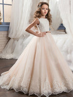 Vestido largo de gala de gasa y tul con cuello joya para bodas, cumpleaños, concursos de belleza y damitas de honor.