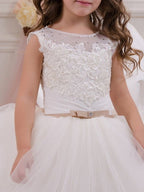 Vestido largo de gala con cuello joya para eventos, fiestas, cumpleaños y niñas de las flores, con apliques.