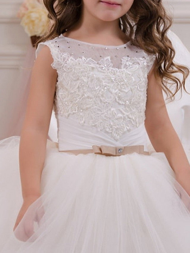 Vestido largo de gala con cuello joya para eventos, fiestas, cumpleaños y niñas de las flores, con apliques.