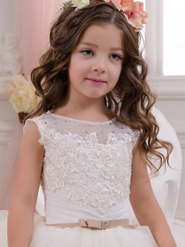 Vestido largo de gala con cuello joya para eventos, fiestas, cumpleaños y niñas de las flores, con apliques.