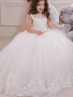 Vestido largo de gala con cuello joya para eventos, fiestas, cumpleaños y niñas de las flores, con apliques.