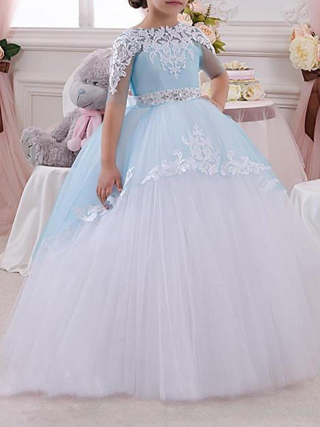 Vestido largo de gala para niña de las flores, con cuello joya, tul y encaje, con mangas.