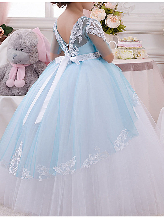 Vestido largo de gala para niña de las flores, con cuello joya, tul y encaje, con mangas.