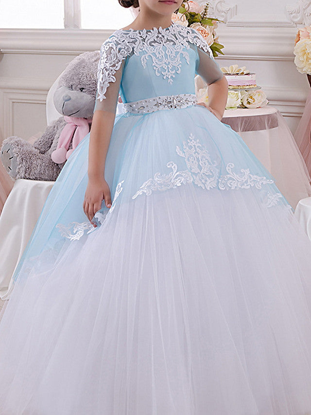 Vestido largo de gala para niña de las flores, con cuello joya, tul y encaje, con mangas.