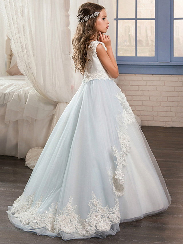 Vestido largo de gala con cuello joya para bodas, eventos, fiestas y niñas de las flores, con apliques de encaje