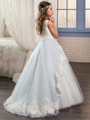 Long Ball Gown Jewel Neck Wedding Event Party Flower Girl Dresses With Lace Appliques