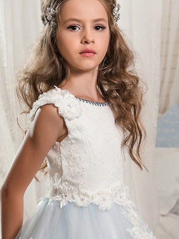 Long Ball Gown Jewel Neck Wedding Event Party Flower Girl Dresses With Lace Appliques