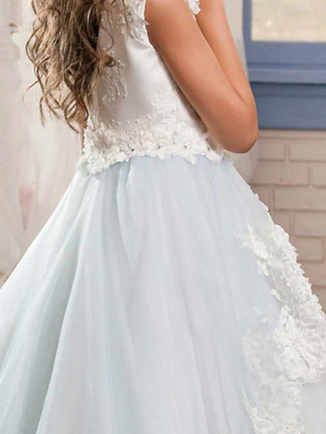 Vestido largo de gala con cuello joya para bodas, eventos, fiestas y niñas de las flores, con apliques de encaje