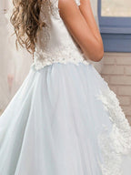 Vestido largo de gala con cuello joya para bodas, eventos, fiestas y niñas de las flores, con apliques de encaje
