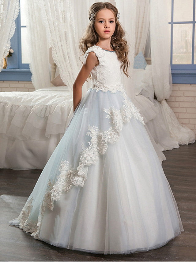 Vestido largo de gala con cuello joya para bodas, eventos, fiestas y niñas de las flores, con apliques de encaje