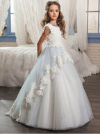 Vestido largo de gala con cuello joya para bodas, eventos, fiestas y niñas de las flores, con apliques de encaje