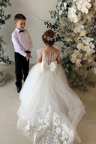 Vestidos largos de princesa con apliques de encaje y tul para niña de las flores