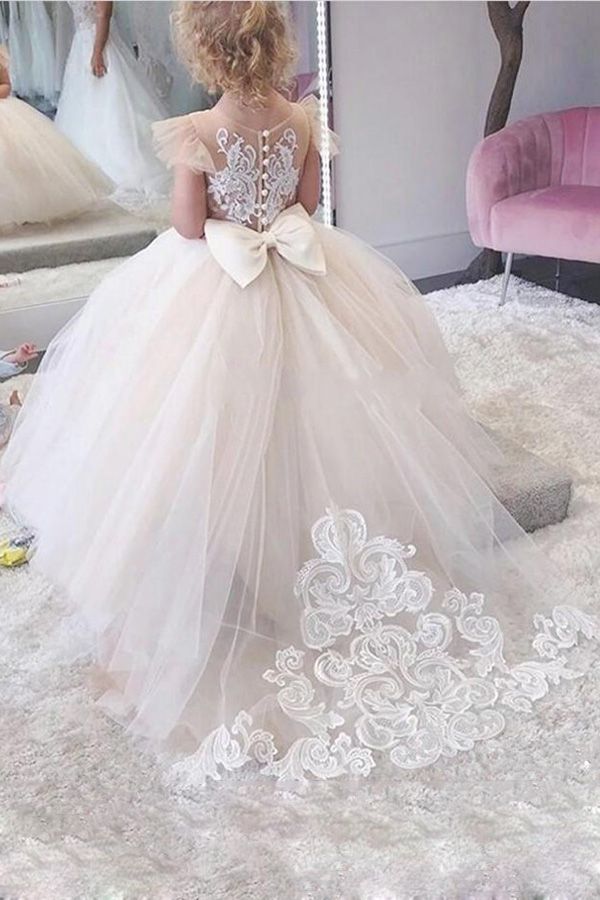 Vestidos largos de princesa con apliques de encaje y tul para niña de las flores