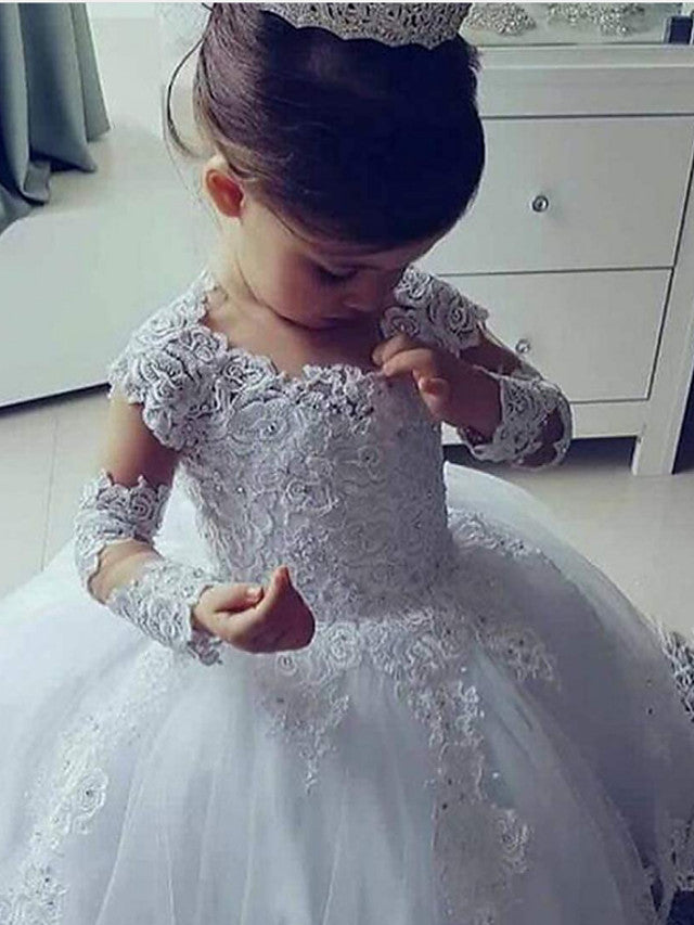 Vestido largo de princesa con encaje, cuello joya y mangas para niña de las flores en bodas
