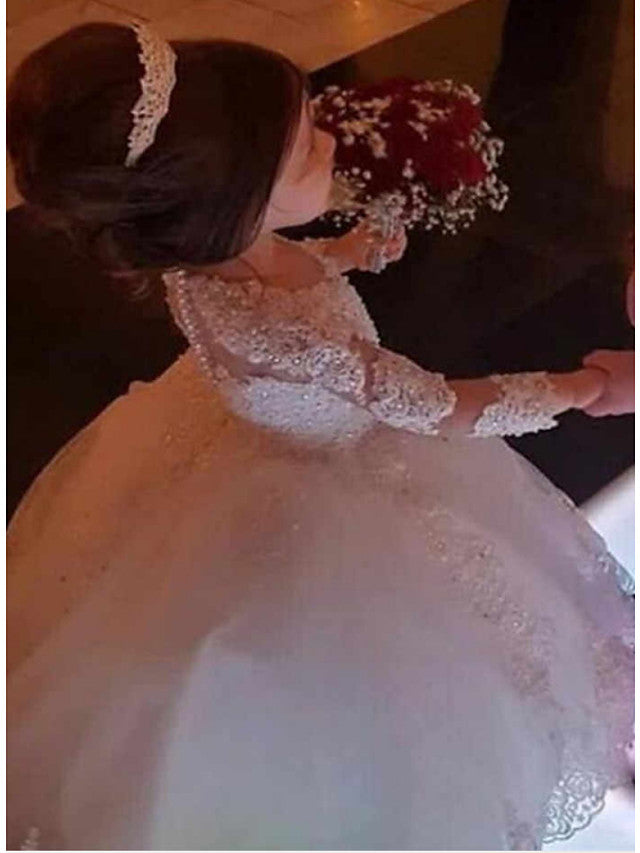 Vestido largo de princesa con encaje, cuello joya y mangas para niña de las flores en bodas