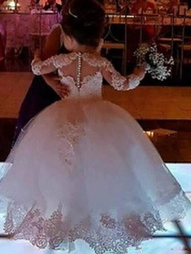Vestido largo de princesa con encaje, cuello joya y mangas para niña de las flores en bodas