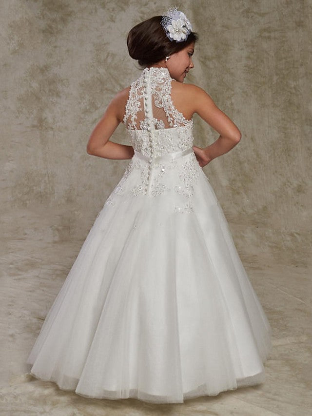 Vestido largo de baile de encaje sin mangas con cuello alto para bodas, fiestas y niñas de las flores con apliques de cuentas