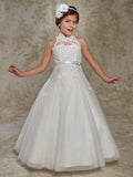Vestido largo de baile de encaje sin mangas con cuello alto para bodas, fiestas y niñas de las flores con apliques de cuentas