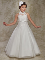 Vestido largo de baile de encaje sin mangas con cuello alto para bodas, fiestas y niñas de las flores con apliques de cuentas