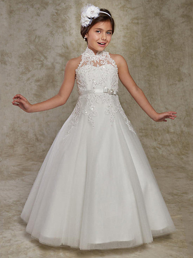 Vestido largo de baile de encaje sin mangas con cuello alto para bodas, fiestas y niñas de las flores con apliques de cuentas