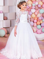 Vestido largo de gala de encaje y tul con manga corta y cuello joya para niña de las flores, ideal para bodas y fiestas.