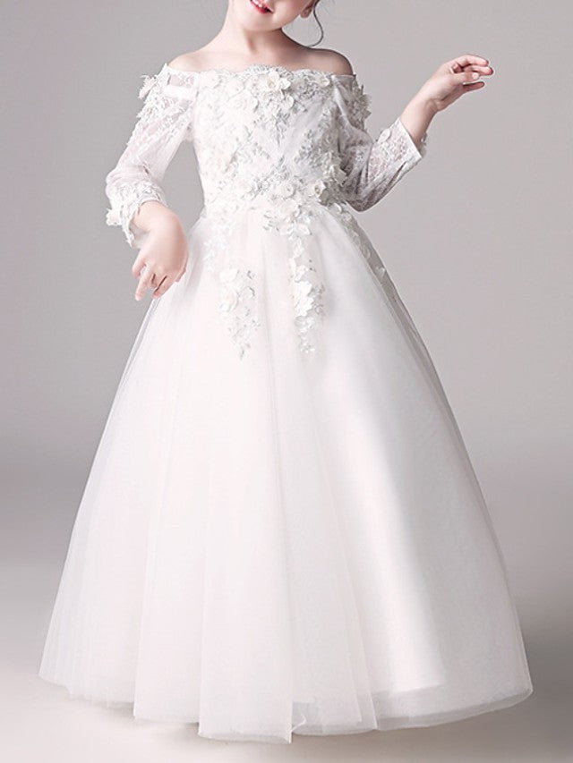 Robe de bal longue à épaules dénudées, robe de demoiselle d'honneur pour première communion avec manches