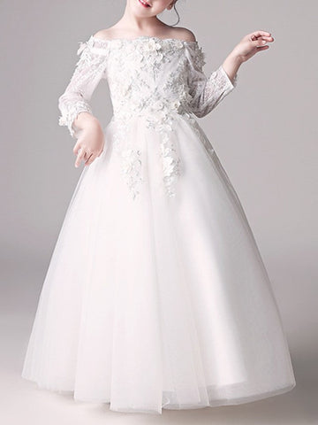 Vestido largo de gala con hombros descubiertos para niña de las flores en la primera comunión, con mangas.