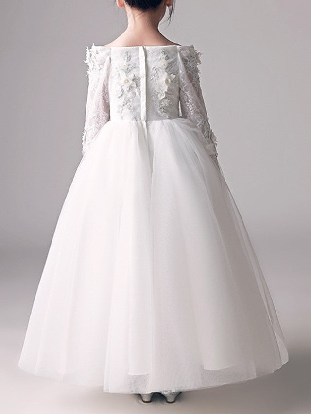 Vestido largo de gala con hombros descubiertos para niña de las flores en la primera comunión, con mangas.