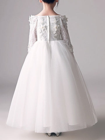 Vestido largo de gala con hombros descubiertos para niña de las flores en la primera comunión, con mangas.