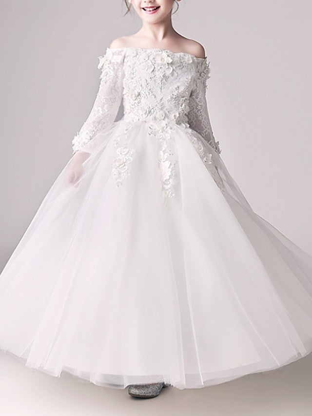 Robe de bal longue à épaules dénudées, robe de demoiselle d'honneur pour première communion avec manches